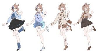 1girl alternate_costume animal_ears artist_collaboration bare_shoulders black_skirt blue_eyes blue_ribbon blue_shirt blue_shorts brown_hair brown_jacket brown_necktie brown_shirt brown_skirt cat_ears commentary english_commentary hand_up heterochromia highres honkai_(series) honkai_impact_3rd jacket leg_up looking_at_viewer medium_hair multiple_views neck_ribbon necktie pardofelis reference_sheet ribbon sang_sha shirt shirt_tucked_in shorts simple_background sketch skirt white_background zelian