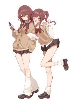 2girls absurdres blush brown_skirt brown_sweater_vest cellphone closed_mouth collared_shirt commentary_request fingernails hair_between_eyes highres holding holding_phone idolmaster idolmaster_shiny_colors loafers locked_arms long_fingernails long_hair long_sleeves looking_at_viewer loose_socks multiple_girls one_eye_closed open_mouth osaki_amana osaki_tenka phone plaid_clothes plaid_skirt pleated_skirt purple_nails red_hair school_uniform shirt shoes siblings side_ponytail sisters skirt smartphone smile socks sweater_vest swept_bangs twins v wanitaroo._(waniwani_panic) white_shirt white_socks yellow_eyes