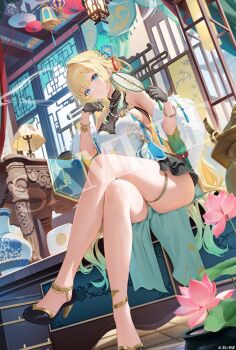1girl aizawa_ema aqua_hair bare_shoulders black_gloves black_shoes blonde_hair blue_eyes china_dress chinese_clothes closed_mouth commentary_request crossed_legs dress gloves hands_up high_heels highres houkisei official_art sample_watermark shoes sitting smile solo thighs vspo! watermark white_dress
