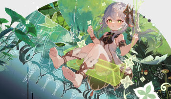 1girl absurdres aranara_(genshin_impact) bare_shoulders bloomers blush bracelet camunekoz commentary_request cross-shaped_pupils detached_sleeves dress full_body genshin_impact gold_trim gradient_hair green_eyes green_hair green_sleeves hair_between_eyes hair_ornament highres jewelry leaf_hair_ornament multicolored_hair nahida_(genshin_impact) on_swing parted_lips pointy_ears side_ponytail sitting sleeveless sleeveless_dress solo stirrup_legwear swing symbol-shaped_pupils toeless_legwear toes underwear white_bloomers white_dress white_hair