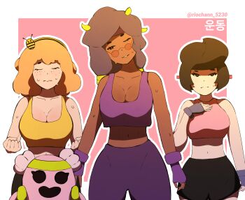 3girls bea_(brawl_stars) bibi_(brawl_stars) brawl_stars breasts cleavage crop_top highres multiple_girls riochann_5230 rosa_(brawl_stars) spike_(brawl_stars) sports_bra