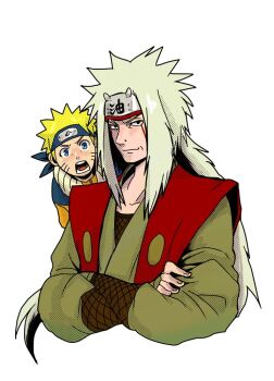 2boys black_eyes blonde_hair blue_eyes closed_mouth cropped_torso crossed_arms facial_mark forehead_protector jiraiya_(naruto) konohagakure_symbol long_hair long_sleeves looking_at_viewer male_focus multiple_boys naruto_(classic) naruto_(series) open_mouth short_hair spiked_hair tamagokara teeth uzumaki_naruto whisker_markings white_background white_hair