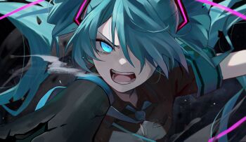 1girl aqua_eyes aqua_hair aqua_necktie black_skirt breast_pocket check_commentary close-up collared_shirt commentary_request cooking_corporation floating_hair floating_neckwear glowing glowing_eye hair_between_eyes hair_ornament hair_over_one_eye hatsune_miku highres holding holding_megaphone inubangarou koi_wa_sensou_(vocaloid) long_hair looking_at_viewer megaphone necktie open_mouth pocket screaming shirt short_sleeves sidelocks skirt solo tearing_up tears teeth tongue twintails upper_body very_long_hair vocaloid