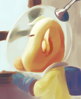 1boy absurdres backpack bag big_nose blonde_hair blue_bag blue_gloves blue_sky closed_eyes day from_side gloves helmet highres iat-418 indoors looking_outside louie_(pikmin) male_focus nintendo outstretched_hand pikmin_(series) pointy_nose radio_antenna short_hair sky solo space_helmet spacesuit upper_body very_short_hair window