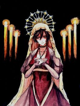 averting_eyes black_background breasts brown_hair candle choker collarbone crown dress empty_eyes evillious_nendaiki frown gouache_(medium) hair_between_eyes halo hand_on_own_chest highres large_breasts looking_to_the_side majo_salmhofer_no_toubou_(vocaloid) meiko_(vocaloid) meta28050 meta_salmhofer painting_(medium) parody red_dress religion see-through_clothes see-through_sleeves serious short_hair sideways_glance traditional_media veil vocaloid watercolor_(medium) yellow_veil