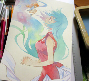 2girls agahari blue_hair blue_leotard blue_shoes cham_fau ciela_lapana closed_mouth commentary_request fairy fairy_wings floating_hair flying from_side gloved_sleeves highres leotard long_hair looking_at_another looking_down looking_up multiple_girls open_mouth painting_(medium) photo_(medium) red_eyes red_hair red_shirt seisenshi_dunbine shirt shoes skirt sleeved_leotard smile traditional_media very_long_hair white_skirt wings