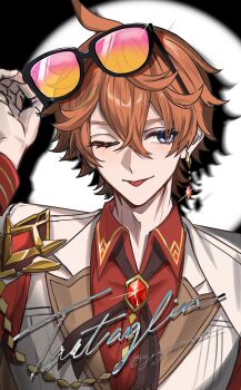 1boy alternate_costume blue_eyes brown_hair character_name collared_shirt commentary_request earrings gem genshin_impact gold_trim gradient-tinted_eyewear highres holding holding_removed_eyewear jacket jewelry one_eye_closed red_gemstone red_shirt shirt single_earring solo spotlight tartaglia_(genshin_impact) tinted_eyewear tongue tongue_out unworn_eyewear upper_body watermark white_jacket yugo_(yugonm222)