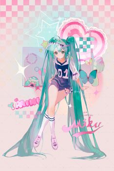 1girl absurdres aqua_butterfly aqua_eyes aqua_hair aqua_nails bandaid bandaid_on_cheek bandaid_on_face baseball_bat baseball_glove baseball_jersey character_name checkered_background chinese_commentary commentary_request crossed_legs full_body gradient_background hand_on_own_hip hatsune_miku heart highres jersey light_blush long_hair looking_at_viewer nail_polish pink_shoes pixelated shoes socks solo sportswear twintails very_long_hair visor_cap vocaloid watermark watermark_grid white_socks xiaoyingjiang