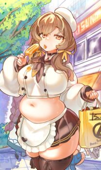1girl apron ascot bag beret black_choker black_skirt bow bready_(nikke) breasts brown_eyes brown_hair brown_thighhighs choker crop_top food food_in_mouth goddess_of_victory:_nikke hair_bow hair_over_shoulder hat holding holding_bag holding_food holding_popsicle large_breasts low_twintails medium_hair melting_popsicle midriff miniskirt minus_zero69 muffin_top navel outdoors plump popsicle shirt skindentation skirt solo standing thick_thighs thighhighs thighs twintails walking white_hat white_shirt wide_hips yellow_bow