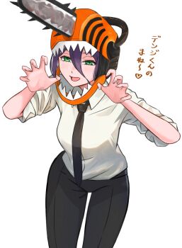 1girl ash81 black_necktie black_pants chainsaw chainsaw_man collared_shirt cosplay denji_(chainsaw_man) denji_(chainsaw_man)_(cosplay) formal_clothes green_eyes hair_between_eyes highres looking_at_viewer necktie open_mouth pant_suit pants purple_hair reze_(chainsaw_man) shirt shirt_tucked_in sleeves_rolled_up solo suit translation_request white_background white_shirt