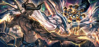 1boy 1other absurdres arm_tattoo belt black_belt cityscape clenched_hand commentary dabura_(jujutsu_kaisen_modulo) demon_horns english_commentary facial_tattoo fingernails flying grey_hair head_wings highres horns jujutsu_kaisen jujutsu_kaisen_modulo long_earlobes long_fingernails looking_down mahoraga_(jujutsu_kaisen) monster no_shirt outstretched_arms pants reaching reaching_towards_another short_hair smile sonic1nstinct tattoo teeth white_pants wings