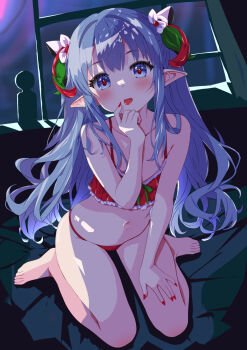 1girl blue_eyes blue_hair bra camisole commentary_request highres hogihogi3ta long_hair looking_at_viewer open_mouth original panties petite pointy_ears red_bra red_nails red_panties red_pupils sitting solo underwear wariza