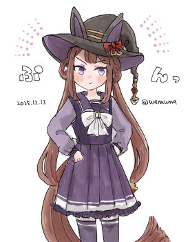 Rule 34 | 1girl, animal ears, blush, bow, bowtie, braid, braided hair rings, brown hair, closed mouth, commentary request, ear covers, hair rings, hat, hat with ears, highres, horse ears, horse girl, horse tail, long hair, long sleeves, looking at viewer, pleated skirt, pout, purple eyes, purple sailor collar, purple serafuku, purple shirt, purple skirt, purple thighhighs, sailor collar, sailor shirt, school uniform, serafuku, shirt, skirt, solo, sweep tosho (umamusume), tail, thighhighs, tracen school uniform, twintails, umamusume, very long hair, wanuuma, white bow, white bowtie, witch hat