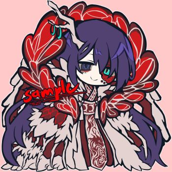 1boy antler_ring antlers black_eyes black_hair blue_eyes burn_scar chibi chinese_clothes coat dragon e.g.o_(project_moon) eastern_dragon eastern_dragon_horns full_body fur_trim hagoromo hanfu heterochromia highres hong_lu_(project_moon) horn_ornament horn_ring horns kotori_trinity limbus_company long_hair long_sleeves looking_at_viewer male_focus pink_background project_moon red_hanfu sample_watermark scar shawl simple_background single_antler single_horn standing tears_of_the_tarnished_blood_(e.g.o) watermark white_coat