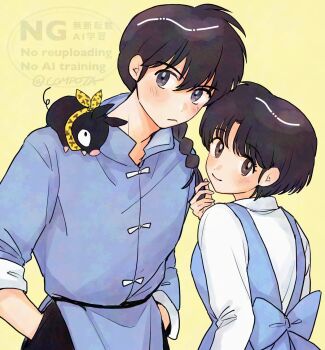 Rule 34 | 1boy, 1girl, animal, animal on shoulder, bandana, black hair, blue dress, braid, brown eyes, chinese clothes, closed mouth, commentary, con sonne, dress, grabbing another's hair, grey eyes, height difference, highres, holding another's hair, looking at viewer, looking back, p-chan, pig, piglet, ranma 1/2, saotome ranma, short hair, single braid, smile, straight hair, symbol-only commentary, tendou akane, watermark, yellow background, yellow bandana