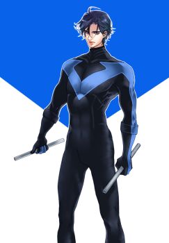 1boy batman_(series) black_hair blue_eyes bodysuit dc_comics dick_grayson dual_wielding escrima_stick holding male_focus nightwing solo standing weapon