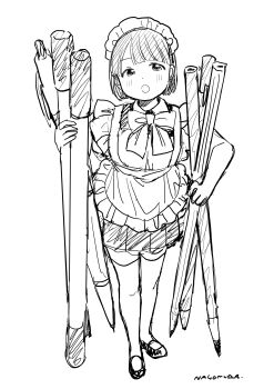 1girl :o absurdres apron artist_name black_dress blunt_bangs blush bow dot_nose dress frilled_apron frills full_body highres holding holding_pen holding_pencil maid maid_apron maid_headdress monochrome nagomurasan open_mouth original parted_bangs pen pencil short_hair signature simple_background sketch solo thighhighs white_background zettai_ryouiki