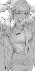 Rule 34 | 1girl, absurdres, breasts, cleavage, closed mouth, collared shirt, ear piercing, earrings, febri aryani (vloodozer), greyscale, highres, indonesian flag, indonesian high school uniform, jacket, jewelry, large breasts, long sleeves, mole, mole under mouth, monochrome, necktie, open clothes, open jacket, original, piercing, school uniform, shirt, short hair, short sleeves, sketch, skirt, solo, standing, tying hair, upper body, vloodozer