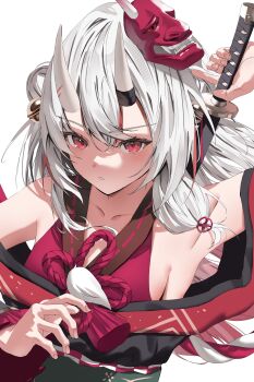 1girl absurdres breasts closed_mouth commentary_request drawing_sword highres holding holding_sword holding_weapon hololive horns japanese_clothes kimono long_hair looking_at_viewer mask medium_breasts multicolored_hair nakiri_ayame nakiri_ayame_(1st_costume) nekoshima_kaede oni oni_mask red_eyes red_kimono red_streaks skin-covered_horns sleeveless sleeveless_kimono solo streaked_hair sword virtual_youtuber weapon white_background white_hair