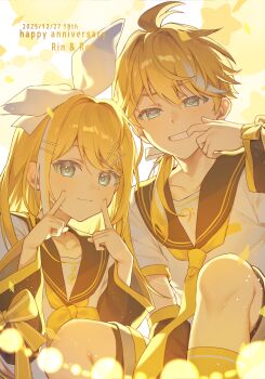 1boy 1girl absurdres black_sailor_collar blonde_hair fingers_to_cheeks highres kagamine_len kagamine_rin kurobikari looking_at_viewer mouth_pull neckerchief necktie sailor_collar sailor_shirt shirt siblings vocaloid white_shirt yellow_neckerchief yellow_necktie