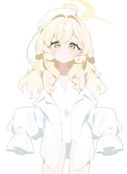 1girl :3 absurdres bare_shoulders blonde_hair blue_archive blush closed_mouth clothing_cutout cowboy_shot earrings green_eyes hair_intakes halo hat highres honi_(honi1010) jewelry leotard long_hair looking_at_viewer navel navel_cutout off_shoulder professor_niyaniya_(blue_archive) shirt simple_background sleeves_past_fingers sleeves_past_wrists smile solo white_background white_hat white_leotard white_shirt yellow_halo