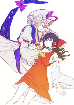 2girls closed_eyes detached_sleeves frilled_hair_tubes frills gap_(touhou) hair_tubes hakurei_reimu highres long_hair multiple_girls purple_tabard red_ribbon ribbon sleeveless tabard touhou white_background wide_sleeves yakumo_yukari yuggug yuri