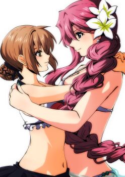 2girls akane_kazami bikini blue_eyes braid braided_bun braided_ponytail brown_hair commission duvalie earrings eiyuu_densetsu emma_millstein flower green_eyes hair_bun hair_flower hair_ornament hajimari_no_kiseki highres hug jewelry long_hair looking_at_another multiple_girls navel purple_hair sailor_bikini sailor_collar skeb_commission swimsuit very_long_hair yuri