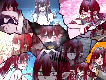 1girl baobhan_sith_(fate) baobhan_sith_(swimsuit_pretender)_(third_ascension)_(fate) bare_shoulders bikini black_bikini blue_scarf blush bread bread_slice breasts can cleavage closed_eyes commentary_request drink_can earrings fate/grand_order fate_(series) food food_in_mouth glasses grey_eyes highres jewelry large_breasts long_hair looking_at_viewer mcpc_zamurai microphone mouth_hold multiple_views nude open_mouth pink_hair pointy_ears pool rain round_eyewear scarf school_uniform shirt sidelocks smile swimsuit tiara toast toast_in_mouth white_shirt