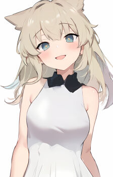 1girl :d animal_ears arknights arknights:_endfield bare_shoulders bird_ears blonde_hair blue_eyes blush breasts commentary looking_at_viewer medium_breasts open_mouth perlica_(arknights) raifu_(rf) revision shirt simple_background sleeveless sleeveless_shirt smile solo upper_body white_background white_shirt yellow_pupils