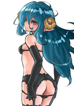 1girl ass black_panties blue_hair bochi_(yamakan) breasts butt_crack commentary_request curled_horns demon_girl elbow_gloves garter_belt garter_straps gloves horns long_hair looking_back original panties red_eyes sketch small_breasts smile solo thighhighs underwear undressing
