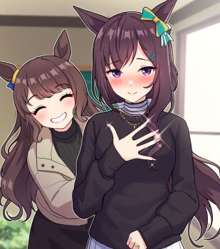 2girls ^_^ alternate_costume alternate_hairstyle animal_ears aqua_bow black_hair black_shirt black_skirt black_sweater blush bow brown_hair brown_jacket closed_eyes commentary_request ear_bow ear_ornament fingernails gold_ring highres horse_ears horse_girl horse_tail indoors jacket jewelry long_hair long_sleeves looking_at_viewer mejiro_dober_(umamusume) multiple_girls nail_polish nose_blush open_clothes open_jacket purple_eyes ring shirt skirt smile sparkle sweater tail takiki tosen_jordan_(umamusume) turtleneck turtleneck_sweater umamusume wedding_ring white_skirt