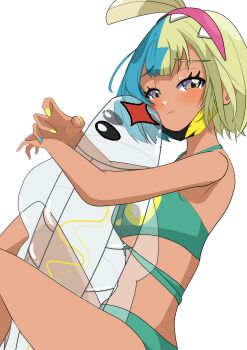 absurdres bare_shoulders bikini black_mask blonde_hair blue_eyes blue_hair blush bob_cut canari_(pokemon) gen_5_pokemon green_bikini headband highres hiromu holding holding_toy hugging_object inflatable_toy looking_at_viewer mask mouth_mask multicolored_eyes multicolored_hair multicolored_nails nintendo pokemon pokemon_(creature) pokemon_legends:_z-a pout short_hair split-color_hair swimsuit thighs toy two-tone_eyes two-tone_mask two-tone_nails tynamo white_background yellow_eyes yellow_mask