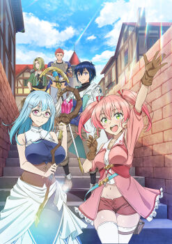 2girls 3boys anime_coloring arm_guards arm_up armor bag belt black_gloves black_shirt blush boots breasts brown_boots brown_corset brown_shorts building clenched_hand closed_mouth clothes_around_waist cloud collarbone corset cross_(tsuihou_shiro_madoushi) daggers_(tsuihou_shiro_madoushi) fingerless_gloves full_body gloves green_eyes green_jacket grey_pants half-jacket hand_in_pocket highres holding holding_map holding_staff itou_yuuta jacket jewelry large_breasts lloyd_(tsuihou_shiro_madoushi) long_hair long_sleeves looking_at_viewer map medium_hair mini_bag multiple_boys multiple_girls navel necklace official_art open_hand open_hands open_mouth pants pink_hair pink_jacket pouch purple_eyes shirt short_hair short_shorts short_sleeves shorts shoulder_armor shoulder_bag silica_(tsuihou_shiro_madoushi) skirt sky smile spread_fingers staff stairs standing sun teeth tented_shirt thigh_belt thigh_pouch thigh_strap thighhighs thighs town tsurime turtleneck turtleneck_shirt twintails very_short_hair waving white_thighhighs yellow_eyes yui_(tsuihou_shiro_madoushi) yuusha_party_wo_tsuihou_sareta_shiro_madoushi_s-rank_boukensha_ni_hirowareru