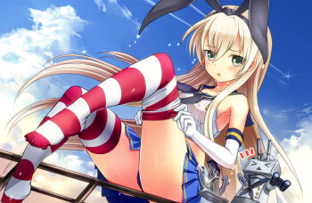 1girl adjusting_clothes adjusting_legwear black_panties blonde_hair cloud commentary_request contrail day elbow_gloves gloves hair_ornament has_bad_revision kantai_collection long_hair md5_mismatch outdoors panties photoshop_(medium) pleated_skirt rensouhou-chan resolution_mismatch shimakaze_(kancolle) skirt source_smaller striped_clothes striped_thighhighs thighhighs thighhighs_pull underwear white_gloves yukiko013
