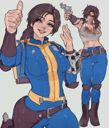 Rule 34 | 2girls, :d, blood, blood on clothes, blood on face, blue jumpsuit, breasts, cleavage, fallout (prime video), fallout (series), gloves, highres, jumpsuit, jumpsuit around waist, large breasts, looking at viewer, lucy maclean, multiple girls, navel, open mouth, ponytail, shirt, simple background, smile, stomach, vault suit, white shirt, yoracrab