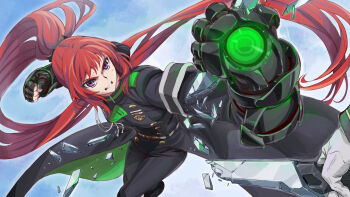 1girl absurdres angry black_coat black_gauntlets black_gloves black_pants broken broken_sword broken_weapon clenched_hands clenched_teeth coat colored_inner_coat ebisu_takuma feet_out_of_frame fighting fingerless_gloves floating_hair gauntlets gloves glowing green_coat highres insignia jujo_mito long_hair long_sleeves looking_at_another military_rank_insignia multicolored_coat owari_no_seraph pants ponytail punching purple_eyes red_hair scratches shards solo_focus sword teeth two-tone_coat v-shaped_eyebrows very_long_hair weapon