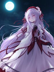 Rule 34 | 1girl, black gloves, chaamii, commentary request, dress, expressionless, farushu lamia valentine, full moon, gloves, gothic delusion, grey hair, hair between eyes, hairband, highres, lolita fashion, lolita hairband, long hair, looking to the side, moon, night, outdoors, pink eyes, red dress, sky, solo, star (sky), starry sky, two-tone dress, very long hair, white dress, wide sleeves