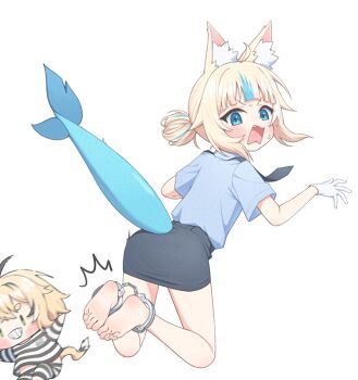 2girls ahoge animal_ear_fluff animal_ears barefoot black_necktie black_skirt black_streaks blonde_hair blue_eyes blue_nails blue_shirt blue_streaks blunt_bangs bound_ankles cat_ears chibi collared_shirt commentary cuffs dooby fang fins fish_girl fish_tail fleeing gloves handcuffs indie_virtual_youtuber korean_commentary looking_back mouse_girl mouse_tail multicolored_hair multiple_girls nail_polish necktie open_mouth pencil_skirt police police_uniform prison_clothes sameko_saba shirt sidelocks skirt smile streaked_hair striped_clothes striped_shirt sweatdrop tail tail_raised toenail_polish toenails ugaaaa1 virtual_youtuber white_background white_gloves