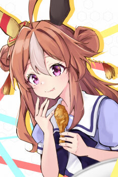 Rule 34 | 1girl, absurdres, blush, bow, brown hair, chicken (food), chicken leg, closed mouth, copano rickey (umamusume), double bun, ear covers, food, food in mouth, greyscale, hair between eyes, hair bun, highres, holding, holding food, horse girl, licking lips, long hair, looking at viewer, monochrome, multicolored hair, purple bow, purple eyes, purple shirt, sailor collar, school uniform, shirt, smile, solo, tiara (871220), tongue, tongue out, tracen school uniform, two-tone hair, umamusume, white sailor collar