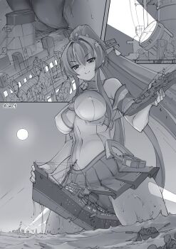 1girl 6+boys absurdres anchor black_panties breasts cameltoe clothing_cutout collar commission destroyer destruction giant giantess hair_intakes hair_petal headgear heavy_cruiser helmet highres hip_vent kantai_collection large_breasts lifeboat long_hair metal_collar military military_vehicle monochrome multiple_boys multiple_views night oar panties passenger_ship pleated_skirt ponytail searchlight seo_tatsuya ship skeb_commission skirt smile smug solo_focus straddling suggestive_fluid underwear very_long_hair warship watercraft waves yamato_(kancolle)