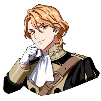 1boy absurdres ascot belt ferdinand_von_aegir fire_emblem fire_emblem:_three_houses garreg_mach_monastery_uniform gloves hashtag-only_commentary highres light_smile male_focus nekomoni nintendo orange_eyes orange_hair red_hair solo sticker upper_body white_gloves