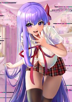 1girl absurdres bad_id bad_twitter_id bb_(fate) bb_(fate/extra) black_thighhighs blush breasts cleavage collared_shirt fate/extra fate/extra_ccc fate_(series) gauge gluteal_fold hair_ribbon hanging_breasts highres large_breasts leaning_forward long_hair looking_at_viewer nepodayo nose open_mouth panties plaid_clothes plaid_skirt purple_eyes purple_hair red_ribbon red_skirt ribbon shirt short_sleeves skirt smile static sweat teeth thighhighs thighs underwear upper_teeth_only very_long_hair white_panties white_shirt