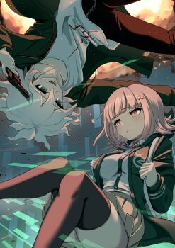 Rule 34 | 1boy, 1girl, absurdres, backpack, bag, breasts, brown hair, brown skirt, collarbone, collared shirt, commentary request, danganronpa (series), danganronpa 2: goodbye despair, flipped hair, green jacket, grey hair, gun, gun to head, hair between eyes, hair ornament, highres, holding, holding gun, holding strap, holding weapon, hood, jacket, komaeda nagito, large breasts, long sleeves, medium hair, messy hair, nanafuku, nanami chiaki, neck ribbon, open clothes, open jacket, open mouth, pants, pink eyes, pink ribbon, pleated skirt, ribbon, shirt, skirt, smile, thighhighs, two-tone shirt, weapon, white shirt