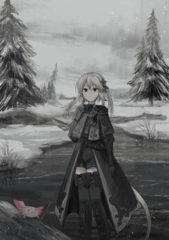 1girl absurdres animal axolotl black_boots black_flower black_gloves black_jacket black_shorts boots character_request chihuri cloud cloudy_sky collared_shirt commentary_request final_fantasy final_fantasy_xiv flower gloves grey_shirt hair_between_eyes hair_flower hair_ornament hand_up highres jacket juliet_sleeves long_hair long_sleeves outdoors parted_lips puffy_sleeves red_eyes shirt short_shorts shorts sky snow snowing solo thigh_boots tree water