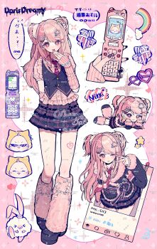 Rule 34 | 1girl, absurdres, animal, bead bracelet, beads, black bow, black jacket, black shoes, black skirt, black vest, blushbunny (infinity nikki), border, bow, bracelet, buttons, cat, cellphone, chibi, chinese commentary, closed mouth, clothed animal, commentary request, eyelashes, flip phone, fourth wall, frilled bow, frilled shirt, frilled skirt, frilled vest, frills, full body, fur-trimmed jacket, fur-trimmed sleeves, fur trim, gyaru, hair ornament, hair scrunchie, hairclip, hand on own chin, hands on own cheeks, hands on own face, happy, head only, highres, holding, holding phone, infinity nikki, jacket, jewelry, leg up, leg warmers, long hair, long sleeves, looking at viewer, lying, maomao dawang, miniskirt, momo (nikki), multicolored hair, multiple views, necktie, nikki (series), on stomach, one eye closed, open mouth, outside border, parallel hairclips, phone, pink arm warmers, pink border, pink eyes, pink hair, pink leg warmers, pink necktie, pink shirt, plaid clothes, plaid necktie, plaid skirt, platform shoes, pleated skirt, puffy short sleeves, puffy sleeves, rabbit, rainbow hair ornament, rosie sweetheart (infinity nikki), sample watermark, scrunchie, shirt, shoes, short sleeves, sidelocks, skirt, sleeves past wrists, smile, social media composition, speech bubble, split-color hair, star (symbol), star hair ornament, sunglasses, tie clip, translation request, two side up, v, vest, waist bow, watermark, whimstar (infinity nikki), white background, white cat, white scrunchie, x hair ornament, y2k fashion, yarn