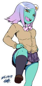 1girl alien aqua_skin blue_socks bow breasts brown_shoes cardigan collared_shirt colored_skin cowboy_shot eyeball forehead gradient_hair hands_on_own_hips leg_up legs long_sleeves midori_(uchuu_patrol_luluco) miniskirt multicolored_bow multicolored_hair open_mouth panties pantyshot pink_bow pink_hair plaid_clothes plaid_skirt purple_hair purple_skirt ringed_eyes sharp_teeth shirt shoes short_hair simple_background skirt small_breasts socks standing standing_on_one_leg striped_bow swept_bangs teeth thighs third_eye tongue tsukudani_(coke-buta) uchuu_patrol_luluco underwear upper_teeth_only white_background white_bow white_panties white_shirt yellow_eyes