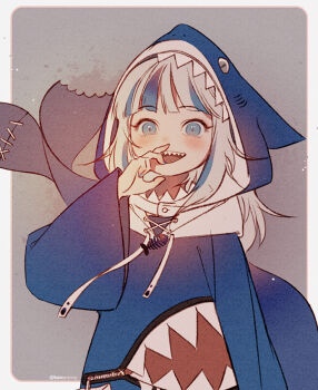 1girl animal_hood blue_eyes blue_hair blue_hoodie blue_nails blunt_bangs blush commentary cowboy_shot fangs fins fish_tail gawr_gura gawr_gura_(1st_costume) grey_background grey_hair hand_to_own_mouth hololive hololive_english hood hoodie kawacy looking_at_viewer medium_hair multicolored_hair nail_polish open_mouth shark_girl shark_hood shark_tail sharp_teeth simple_background smile solo streaked_hair tail teeth twitter_username two-tone_hair virtual_youtuber wide_sleeves