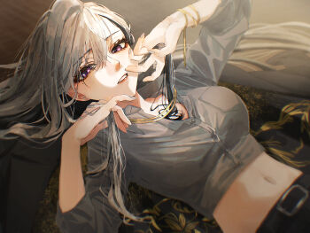 1girl black_hair blurry bracelet breast_pocket breasts collared_shirt colored_inner_hair commentary_request cropped_shirt depth_of_field eyelashes gold_bracelet grey_hair grey_nails grey_shirt hair_between_eyes hands_in_own_hair hands_up highres higuchi_kaede higuchi_kaede_(nanajigen_seitokai) jewelry lipstick long_bangs long_hair looking_at_viewer lying makeup medium_breasts midriff mole mole_under_eye multicolored_hair nail_polish navel nijisanji on_back on_floor paddy_field parted_lips partially_unbuttoned pocket purple_eyes red_lips shirt solo three-quarter_sleeves two-tone_hair upper_body virtual_youtuber