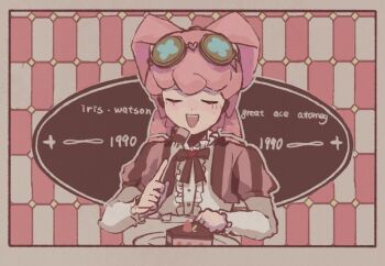 Rule 34 | 1990, 1girl, ace attorney, blush, bow, bowtie, brooch, brown-framed eyewear, brown bow, brown bowtie, brown jacket, buttons, cake, cake slice, center frills, character name, checkered background, chocolate cake, closed eyes, collared shirt, copyright name, cropped jacket, curly hair, dot nose, dress shirt, eating, food, fork, frilled shirt collar, frilled sleeves, frills, fruit, goggles, goggles on head, grey background, grey outline, hair rings, happy, heart, heart brooch, holding, holding fork, iris wilson, jacket, jewelry, layered sleeves, long hair, long sleeves, multicolored jacket, open clothes, open jacket, open mouth, outline, pink background, pink hair, pink jacket, plate, puffy short sleeves, puffy sleeves, round eyewear, shirt, short over long sleeves, short sleeves, sign, smile, solo, strawberry, striped clothes, striped jacket, teeth, the great ace attorney, tsuki 730, twintails, two-tone background, two-tone jacket, upper body, upper teeth only, vertical-striped clothes, vertical-striped jacket, white background, white shirt