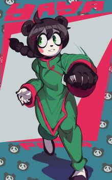 1girl absurdres animal_ears arm_at_side black_hair black_shoes blue_background body_fur braid braided_ponytail captain_kirb character_name child chinese_clothes crash_bandicoot_(series) crash_team_racing_nitro-fueled dress eyelashes female_focus full_body furry furry_female green_dress green_eyes green_pants grey_background grin highres long_hair long_sleeves looking_afar looking_to_the_side outstretched_arm panda_ears panda_girl pants red_background red_dress shoes simple_background smile solo standing teeth two-tone_dress two-tone_fur yaya_panda